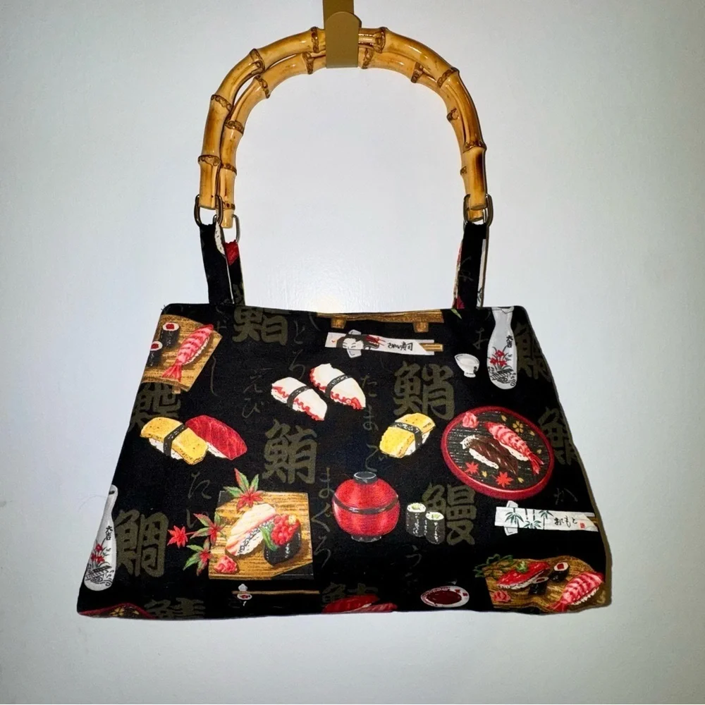 Vintage Sushi Print Handbag with Bamboo Handles